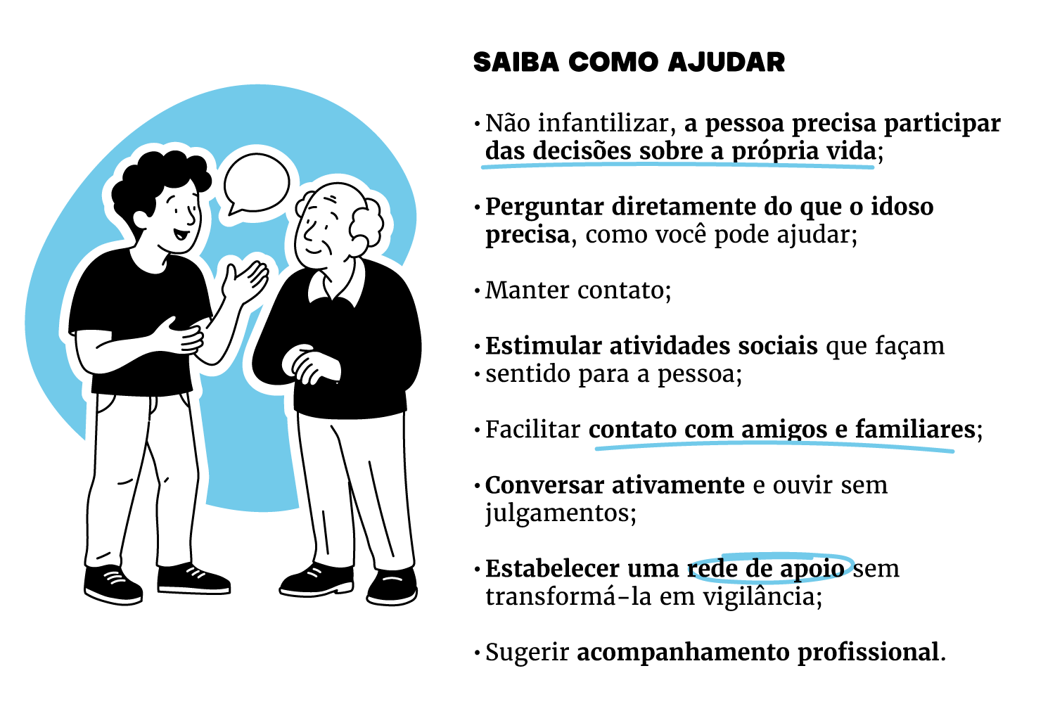 Ilustração com dados sobre como ajudar idosos que estejam se sentindo muito sós - Metrópoles