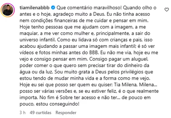 Tia Milena fala sobre mudança no visual: “Hoje consigo pensar em mim”