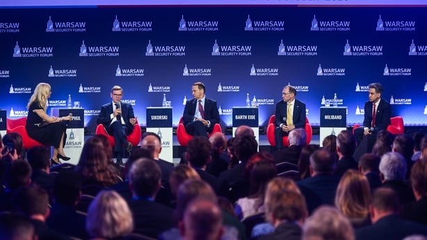 WARSAW, POLAND - OCTOBER 13: (L-R) Germany's Foreign Minister Johann Wadephul, Poland's Foreign Minister, Radoslaw Sikorski, Norway's Foreign Minister Espen Barth Eide and The Secretary of State for Foreign, Commonwealth and Development Affairs of the United Kingdom, Ed Miliband take part in a panel