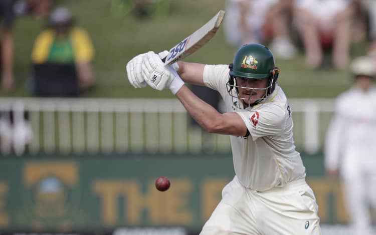 Australia's Matt Renshaw plays a ball on day two of the first Test match between South Africa and Australia at the Kingsmead stadium in Durban on October 10, 2026. (Photo by Marco Longari / AFP)