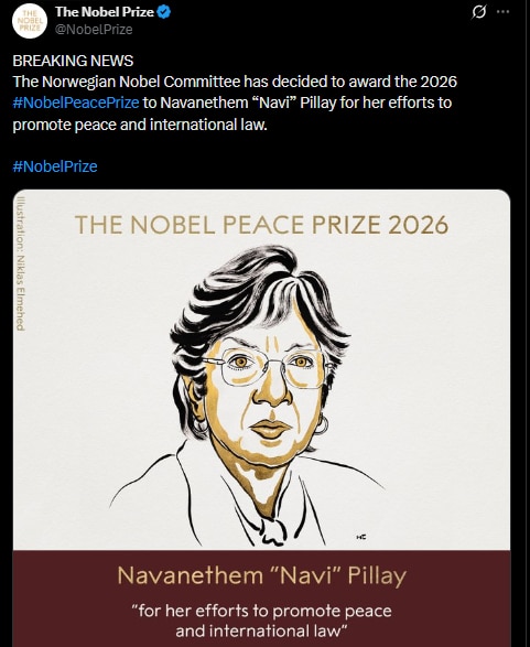 A jurista sul-africana de origem indiana Navanethem Pillay ganha o Prêmio Nobel da Paz de 2026