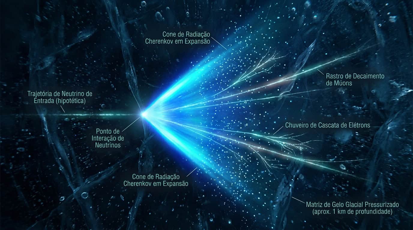 Arte conceitual mostrando o instante em que uma partícula invisível colide no gelo, gerando um clarão azul intenso e azul-turquesa (efeito Cherenkov).