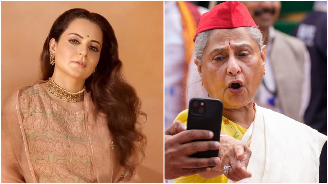 Kangana reage enquanto Jaya Bachchan empurra o microfone de um repórter durante uma marcha de protesto