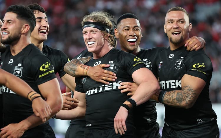 The Kiwis celebrate Phoenix Crossland of the Kiwis try (C) during New Zealand Kiwis v Tonga XIII, round 3 of the Pacific Championships at Eden Park.