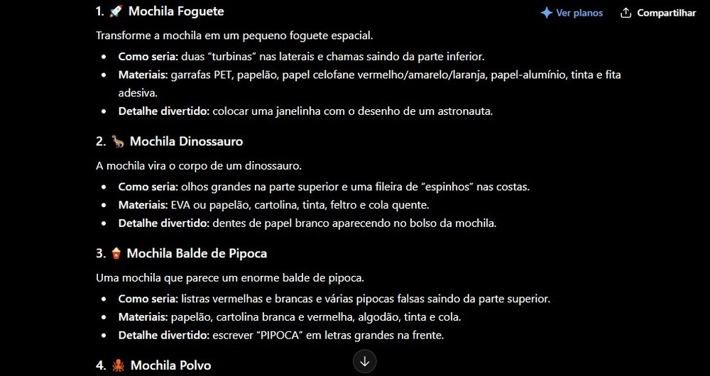 Sugestões de ideias para a mochila maluca feitas pelo ChatGPT — Foto: Diedrich Bader/TechTudo