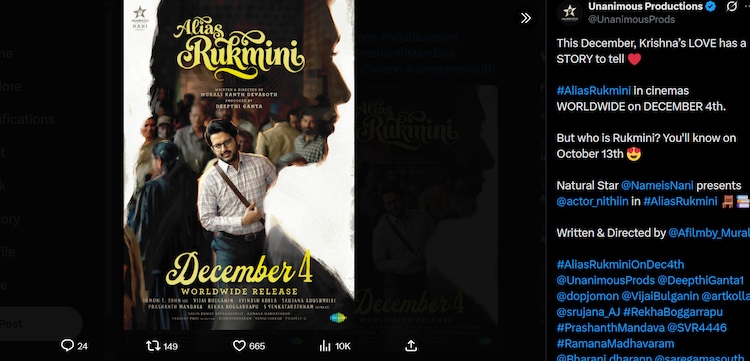 Nani apresenta o Alias Rukmini de Nithiin, com lançamento mundial previsto para 4 de dezembro