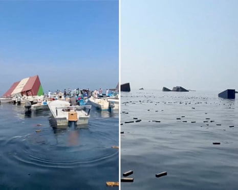 Two side by side images show floating containers and debris. In one photo small motorboats have pulled up alongside a container and people are gathered around.