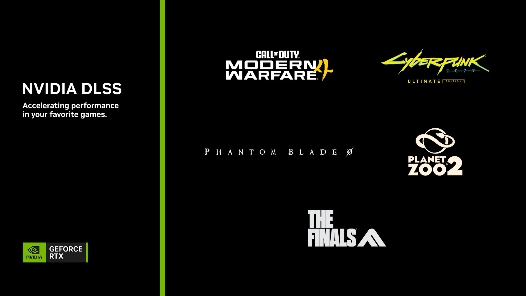 NVIDIA DLSS 4.5 banner listing the Cyberpunk 2077 DLSS update alongside Call of Duty: Modern Warfare 4 and Phantom Blade Zero