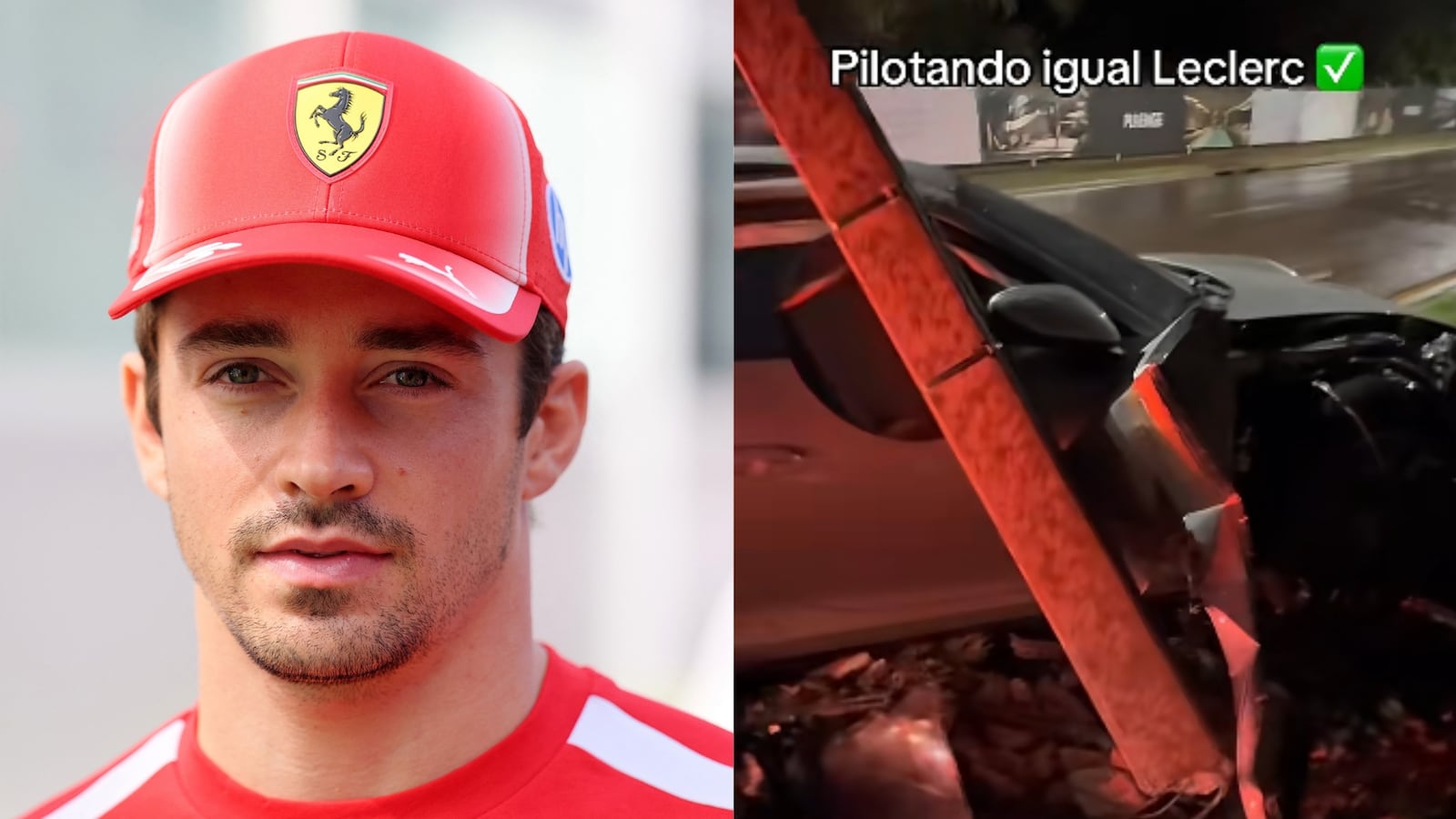 Leclerc é um excelente piloto, mas virou trend após sofrer acidente no GP da Itália, em Monza Montagem - Ramil Sitdikov/Reuters - 26.09.2026 e Reprodução/TikTok/@priii.lopez