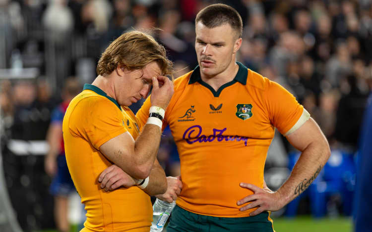 Tate McDermott of Australia dejected and Isaac Henry of Australia after New Zealand All Blacks v Australia Wallabies, Bledisloe Cup Rugby Test Match at Eden Park, Auckland, New Zealand on Saturday 10 October 2026.