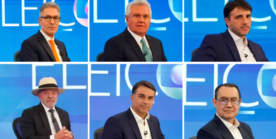 Romeu Zema (Novo), Ronaldo Caiado (PSD), Renan Santos (Miss&atilde;o), Lula (PT), Fl&aacute;vio Bolsonaro (PL) e Augusto Cury (Avante), candidatos &agrave; Presid&ecirc;ncia da Rep&uacute;blica Foto: Reprodu&ccedil;&atilde;o/TV Globo